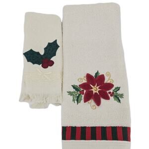 Vintage 1990's Santens 2pc Christmas Pointsettia Hand Towels Cream Cotton USA